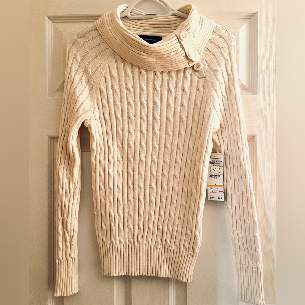 Jones New York Cream Cable Knit Cowl Neck Sweater